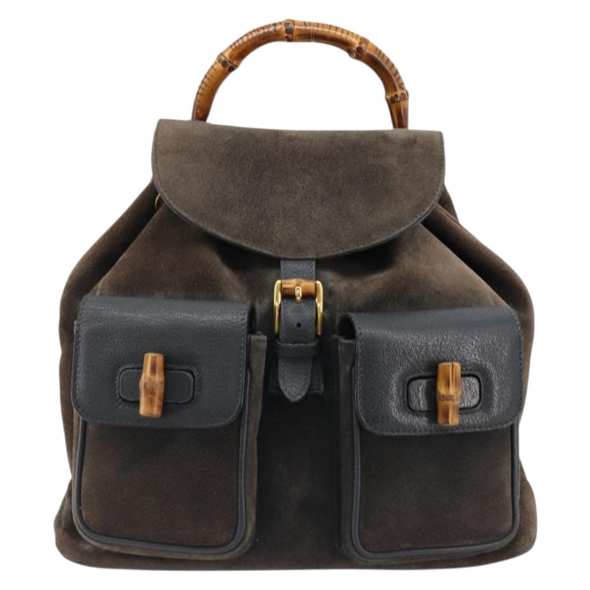 GUCCI Bamboo Backpack Suede Navy Gold 003 2058 0016 Auth 183957