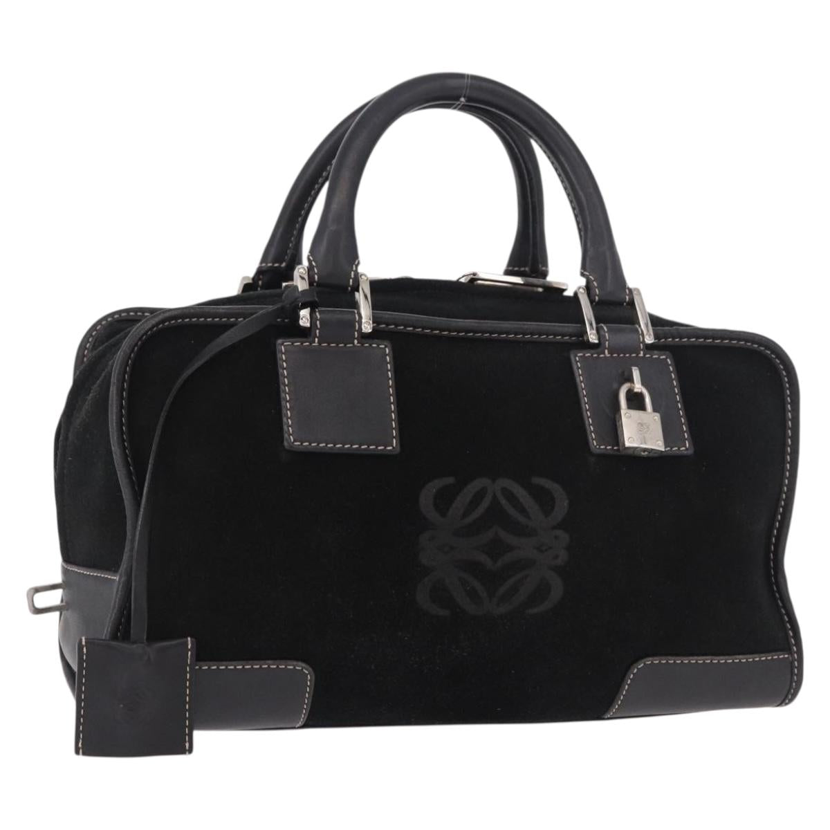 LOEWE Anagram Americana 28 Hand Bag Suede Leather Black Silver Auth 183959V