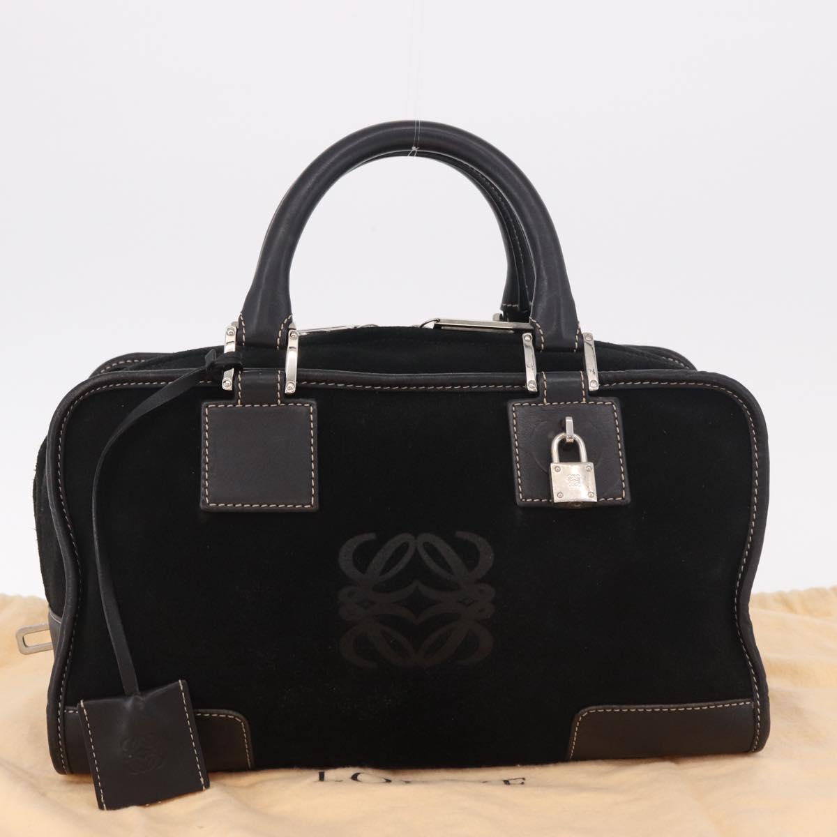 LOEWE Anagram Americana 28 Hand Bag Suede Leather Black Silver Auth 183959V