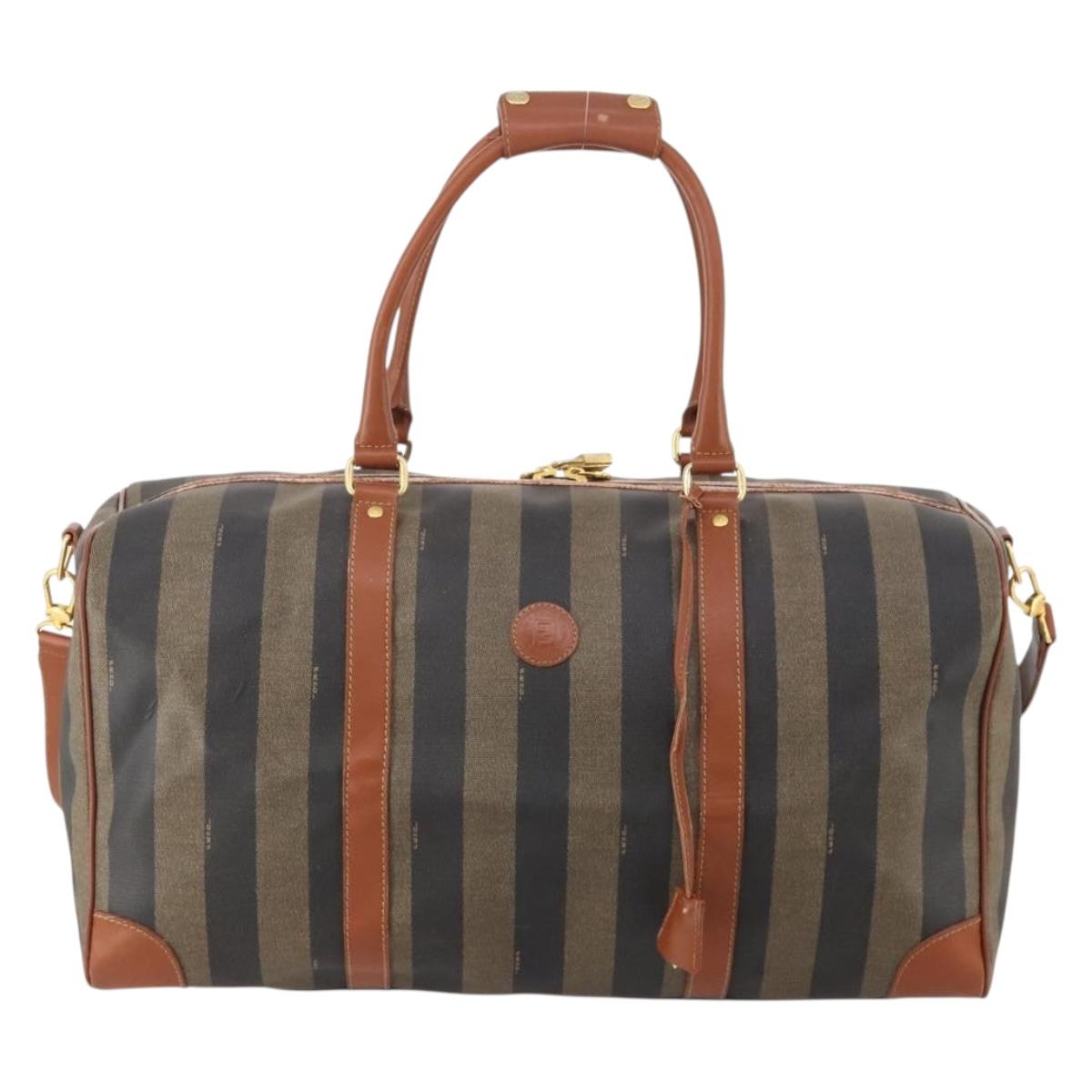 FENDI Pecan Canvas Boston Bag PVC 2way Black Brown Auth 183971