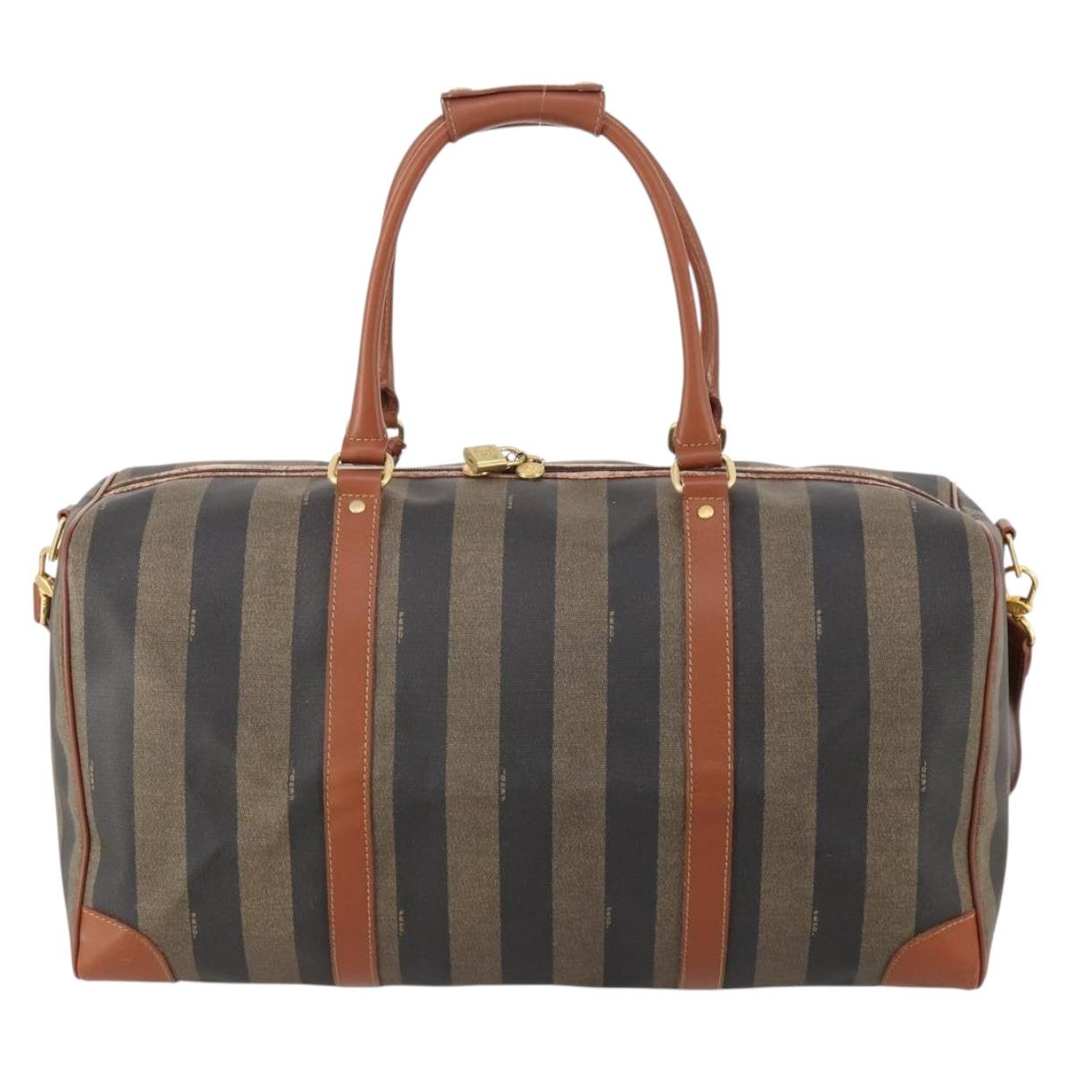 FENDI Pecan Canvas Boston Bag PVC 2way Black Brown Auth 183971