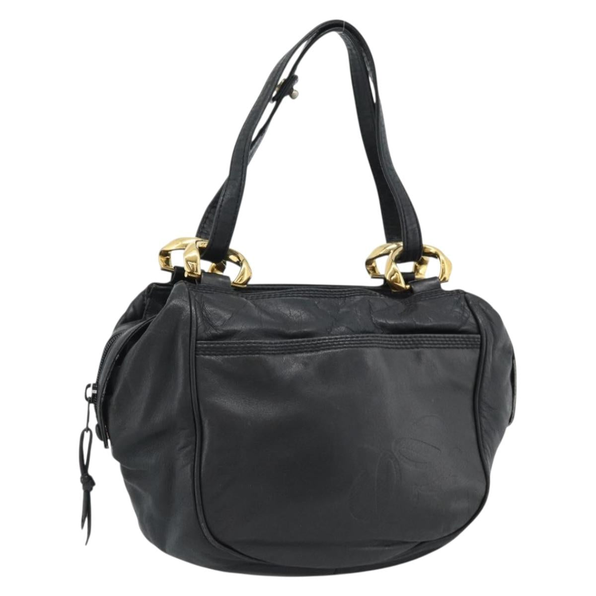 LOEWE Anagram Hand Bag Leather Black Gold Auth 183979