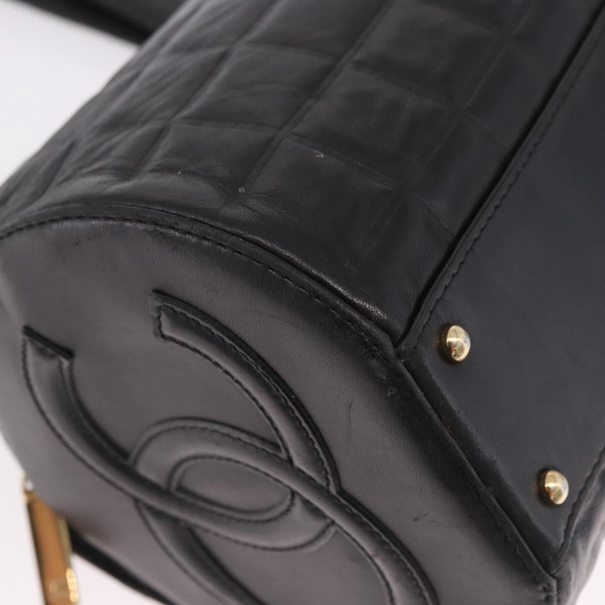 CHANEL Choco Bar Hand Bag Lamb Skin Black Gold CC Auth 183982V