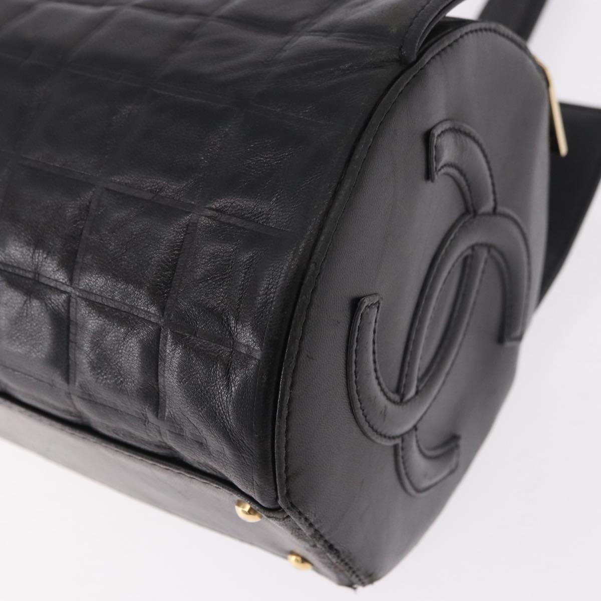 CHANEL Choco Bar Hand Bag Lamb Skin Black Gold CC Auth 183982V