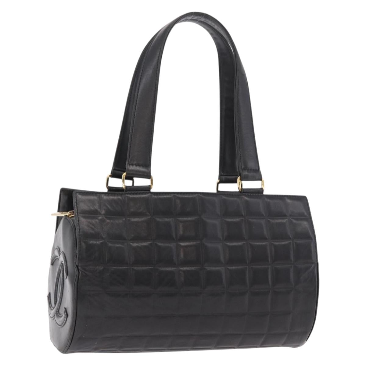 CHANEL Choco Bar Hand Bag Lamb Skin Black Gold CC Auth 183982V