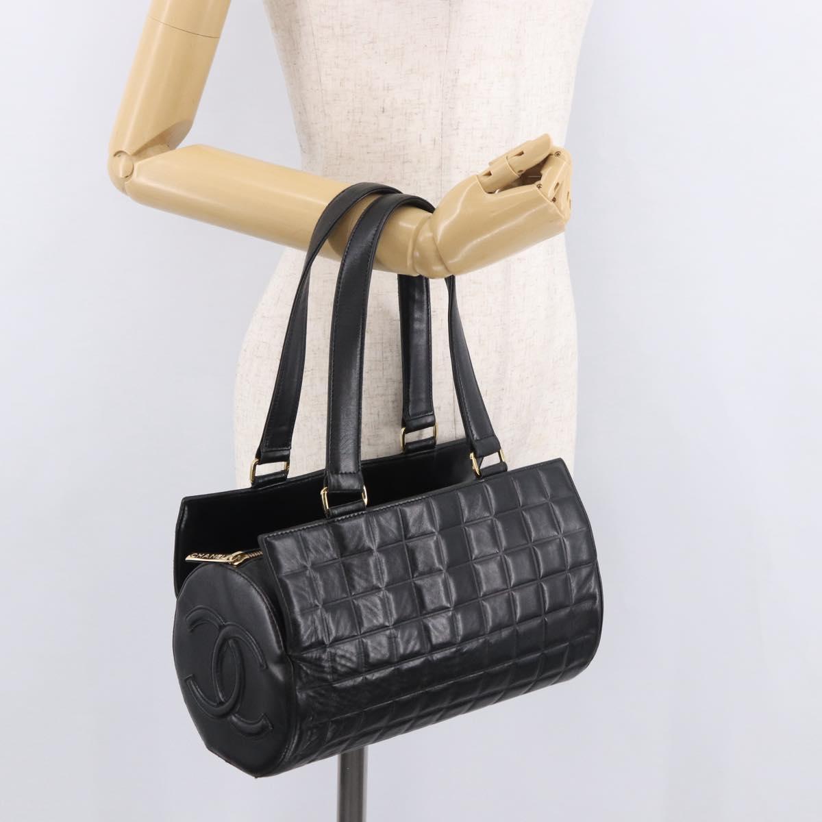CHANEL Choco Bar Hand Bag Lamb Skin Black Gold CC Auth 183982V