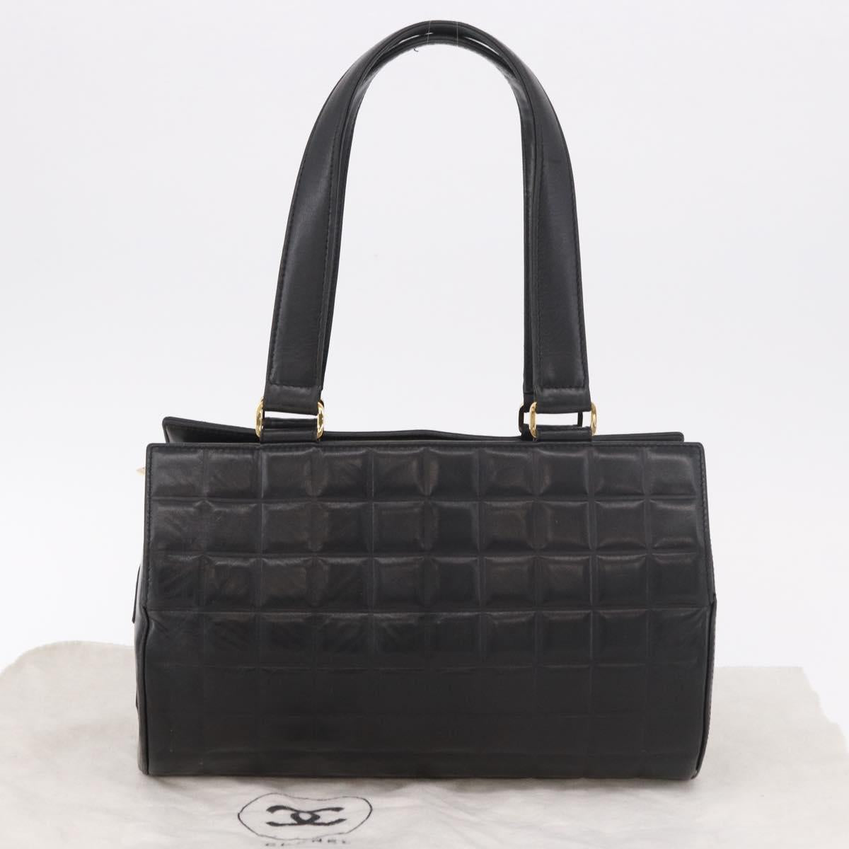 CHANEL Choco Bar Hand Bag Lamb Skin Black Gold CC Auth 183982V