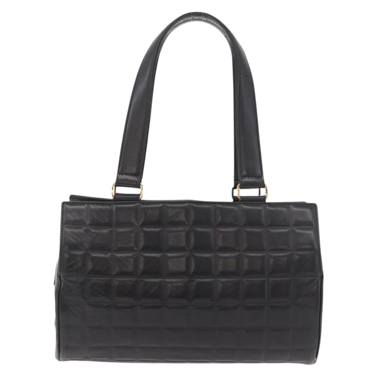 CHANEL Choco Bar Hand Bag Lamb Skin Black Gold CC Auth 183982V