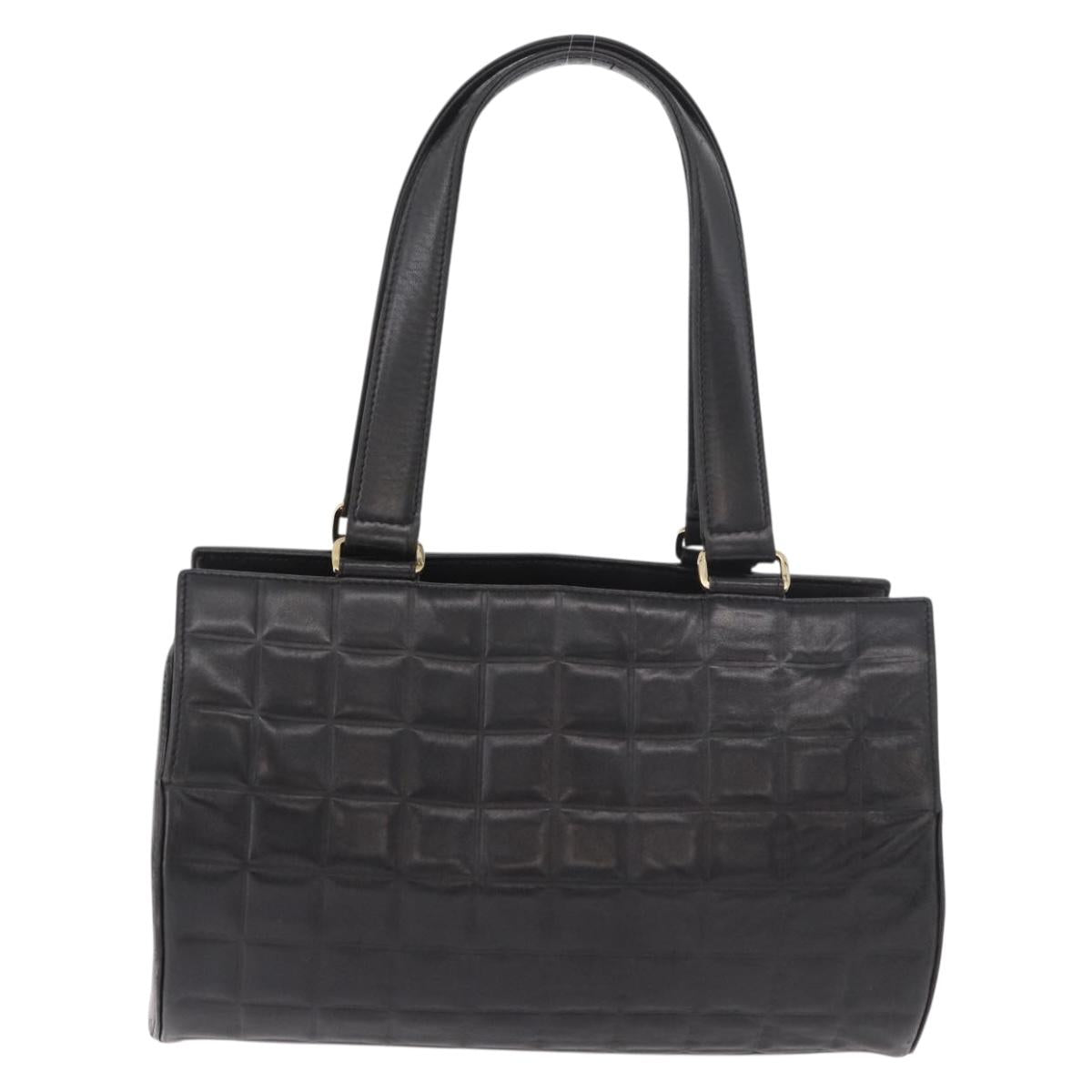 CHANEL Choco Bar Hand Bag Lamb Skin Black Gold CC Auth 183982V