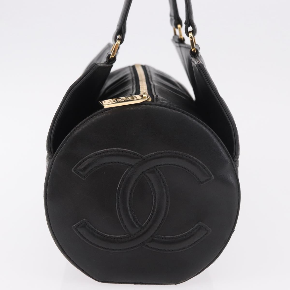CHANEL Choco Bar Hand Bag Lamb Skin Black Gold CC Auth 183982V