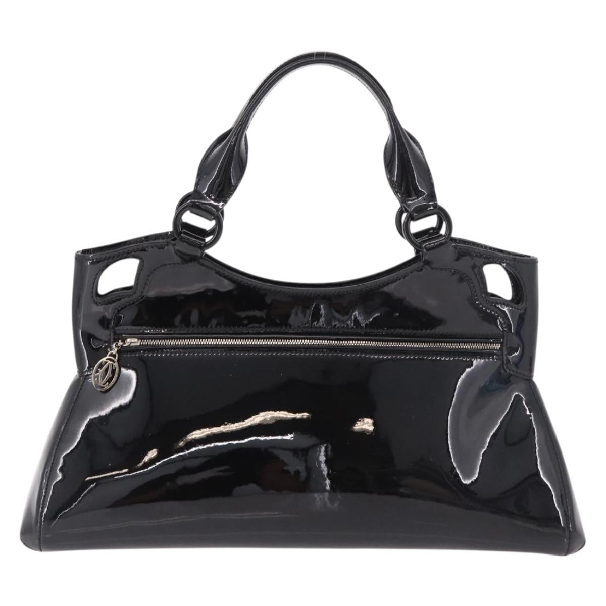 CARTIER Marcello Hand Bag Patent Leather Black Silver Auth 183983A