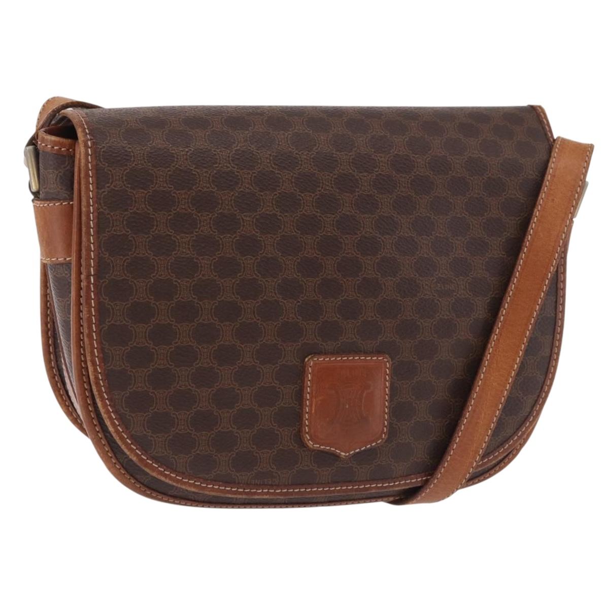 CELINE Macadam Canvas Shoulder Bag PVC Leather Brown Gold Auth 183989