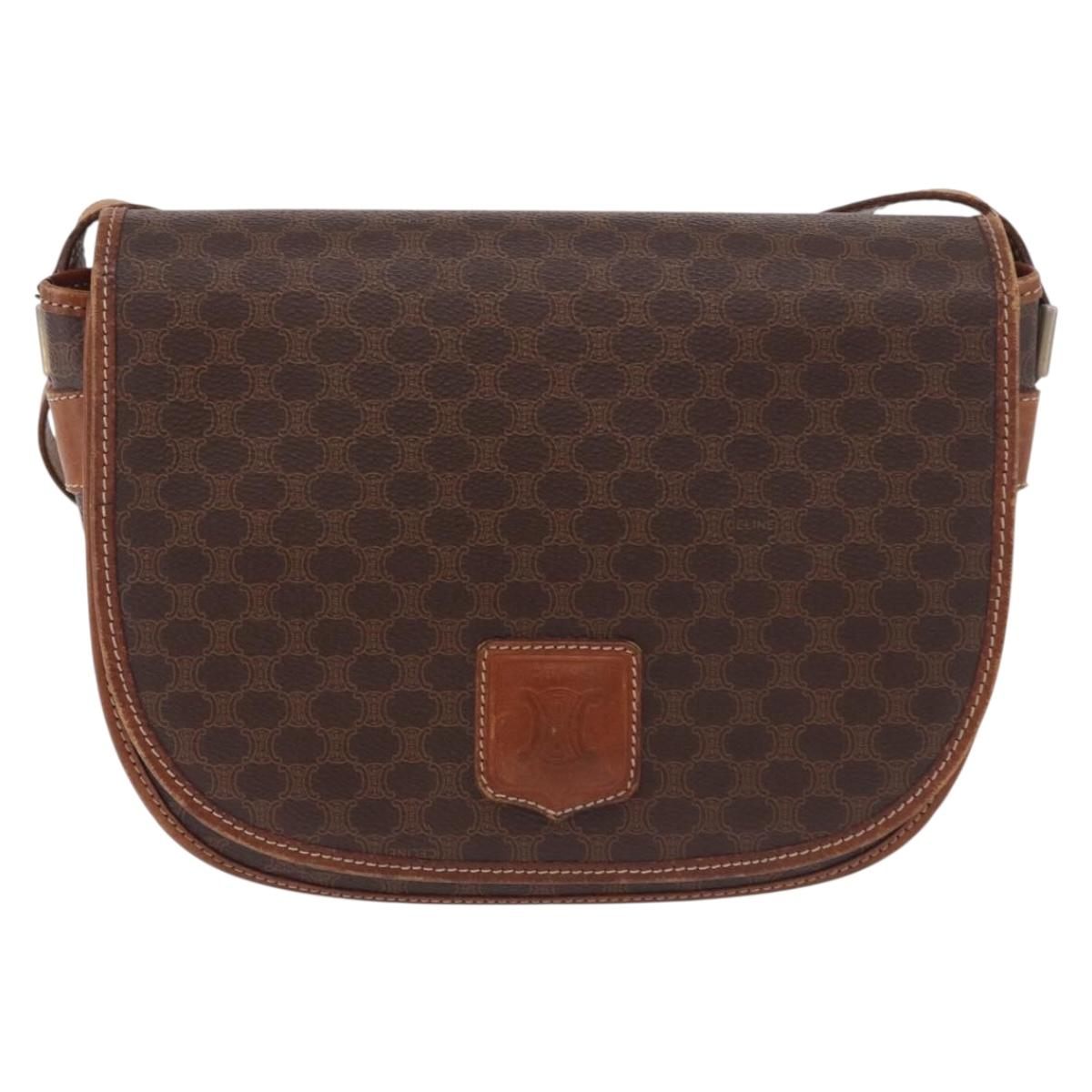 CELINE Macadam Canvas Shoulder Bag PVC Leather Brown Gold Auth 183989