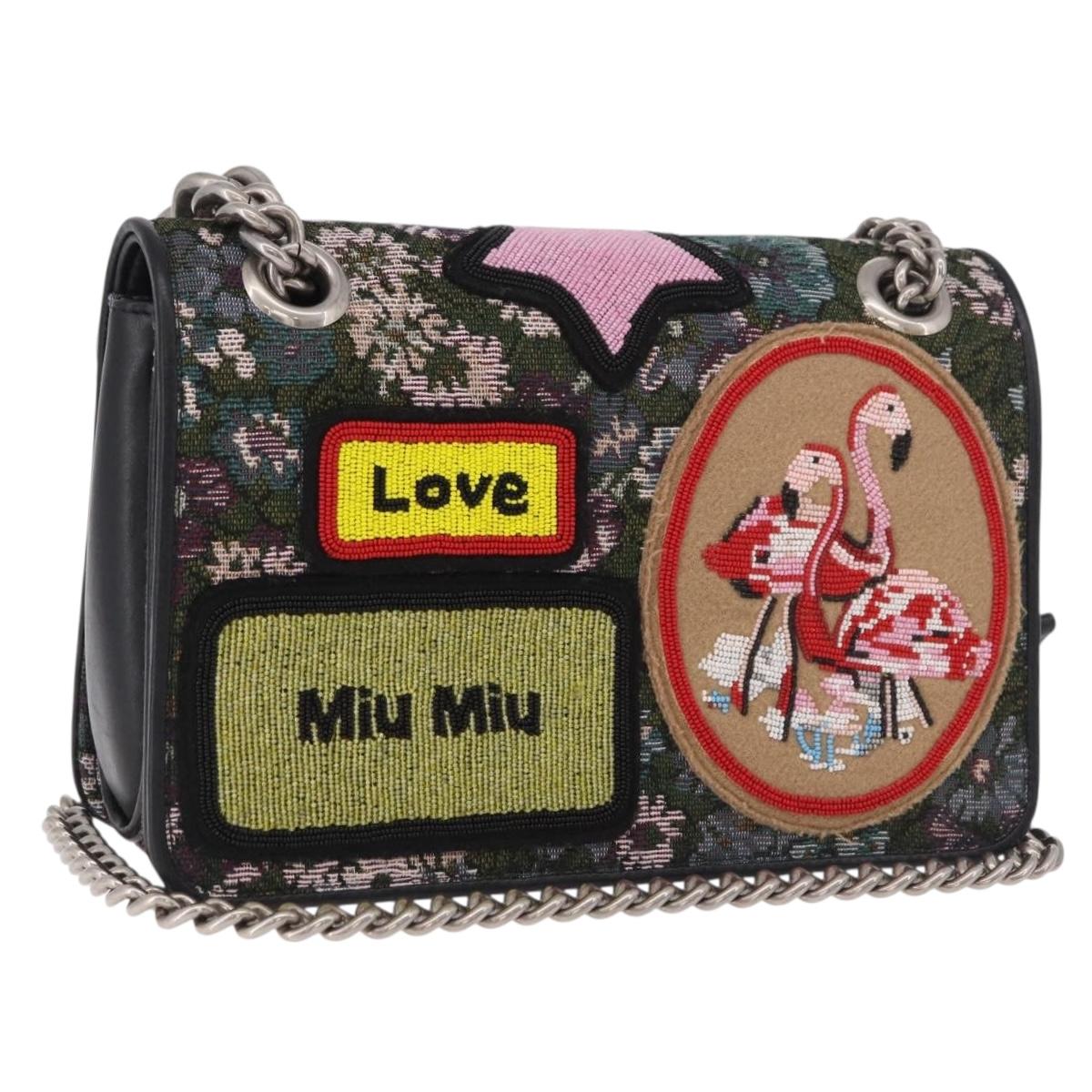 Miu Miu Chain Shoulder Bag Canvas Green Silver Auth 183990M