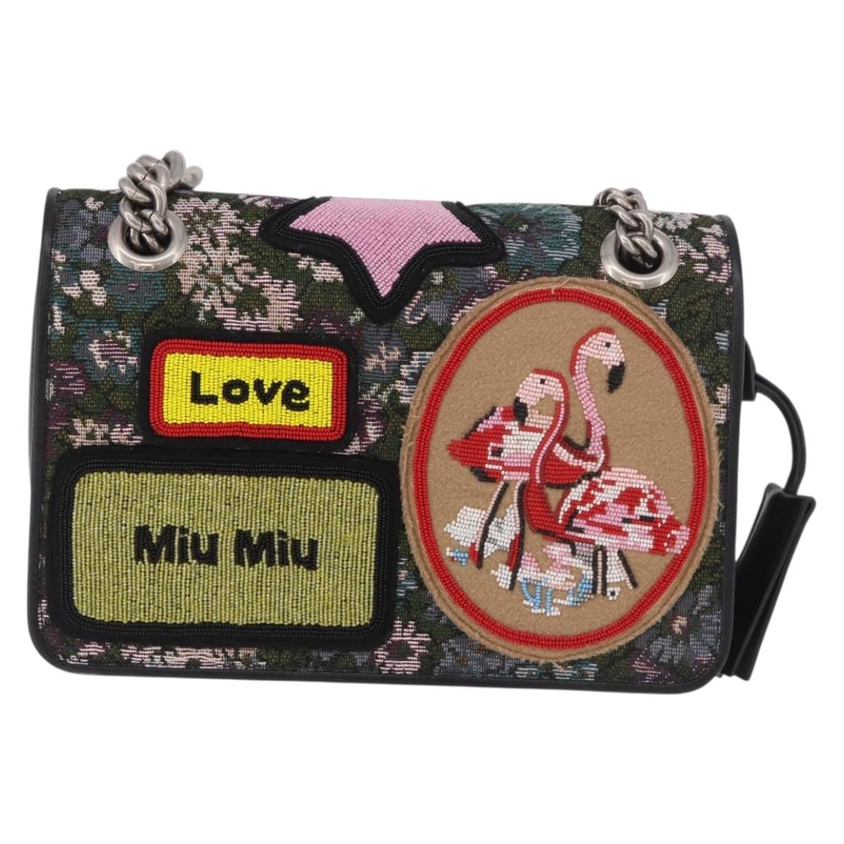 Miu Miu Chain Shoulder Bag Canvas Green Silver Auth 183990M