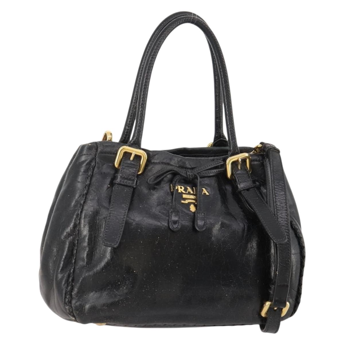 PRADA Hand Bag Leather 2way Black Gold Auth 183993