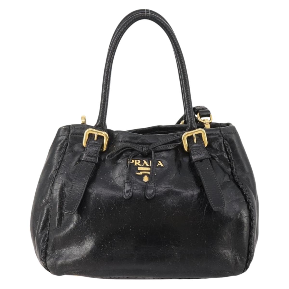 PRADA Hand Bag Leather 2way Black Gold Auth 183993
