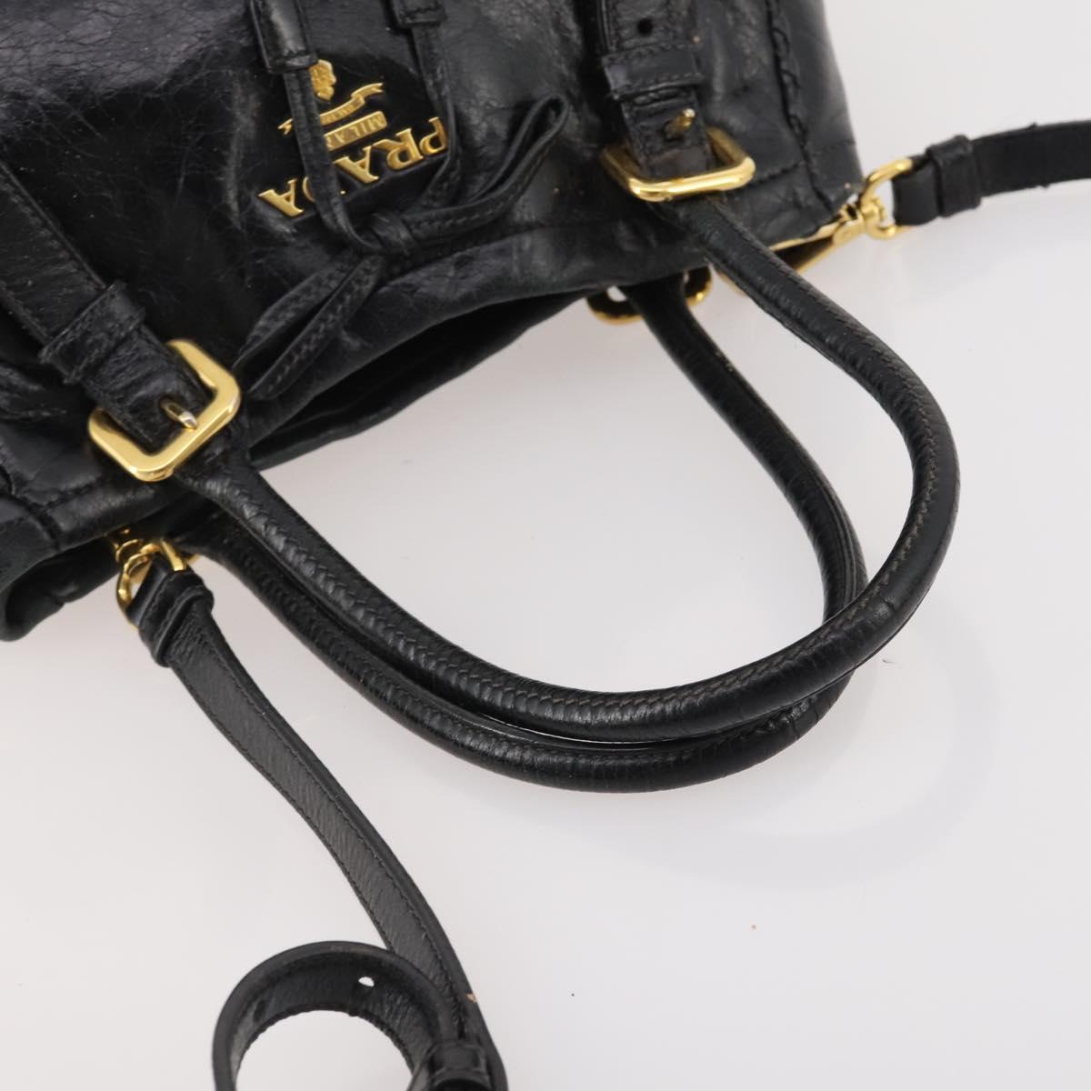 PRADA Hand Bag Leather 2way Black Gold Auth 183993