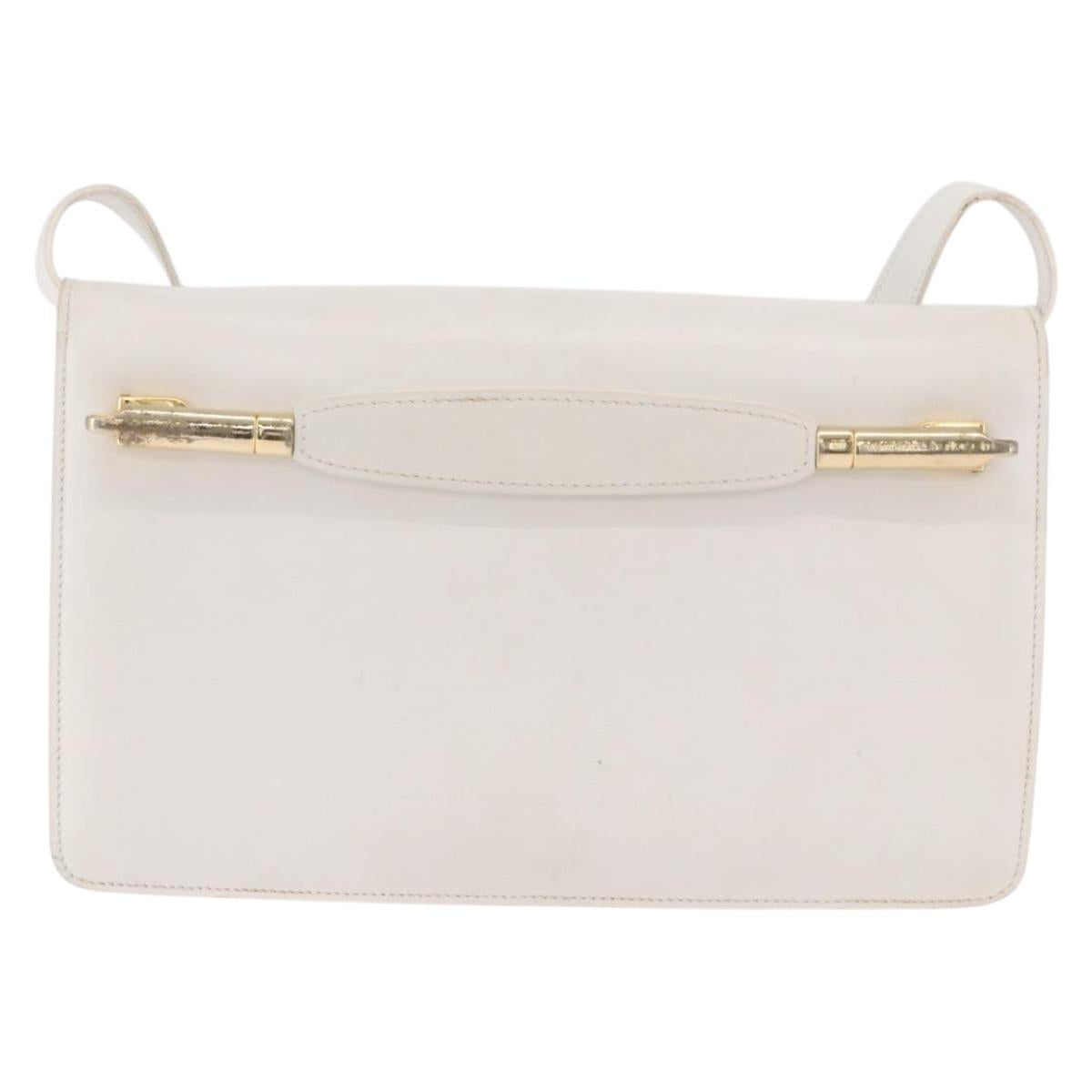 CELINE Shoulder Bag Leather White Gold Auth 183997