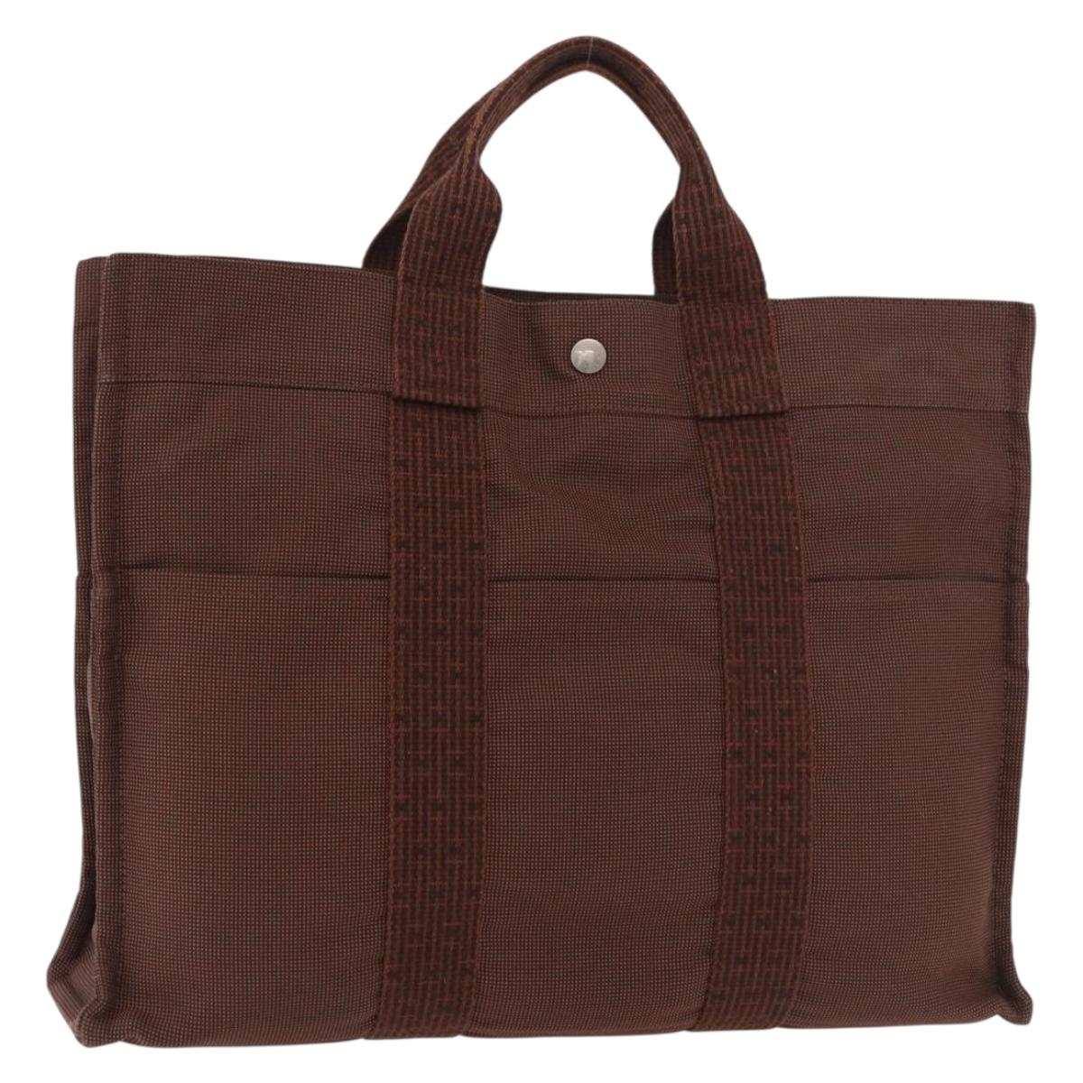 HERMES Her Line Tote MM Tote Bag Canvas Brown Silver Auth 184135
