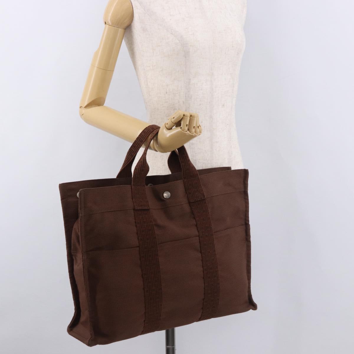 HERMES Her Line Tote MM Tote Bag Canvas Brown Silver Auth 184135