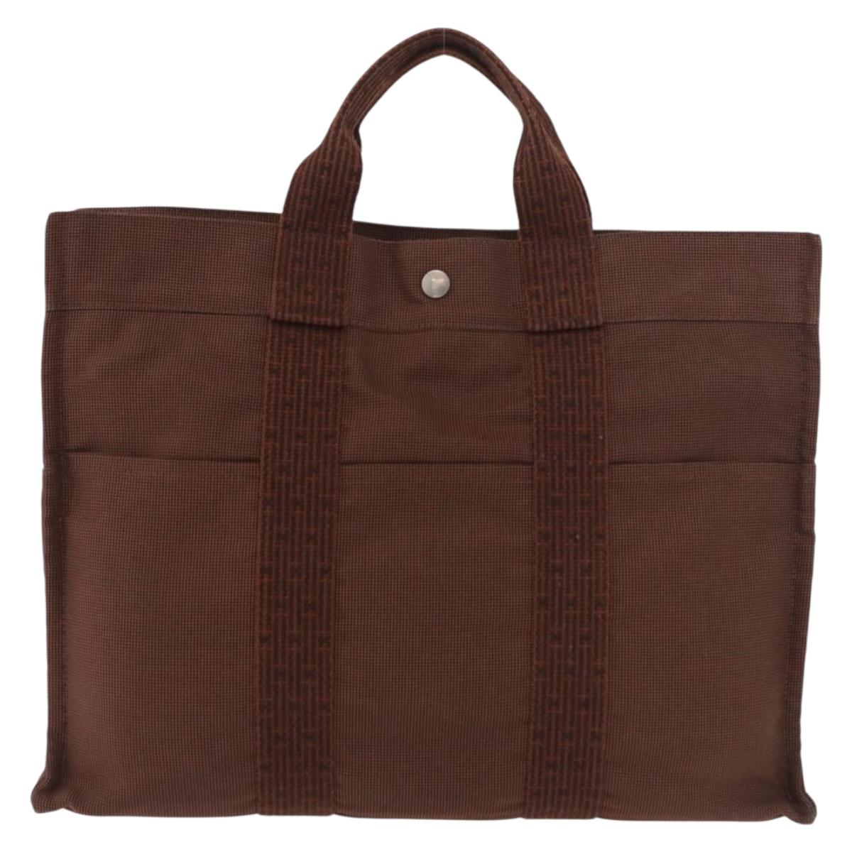 HERMES Her Line Tote MM Tote Bag Canvas Brown Silver Auth 184135