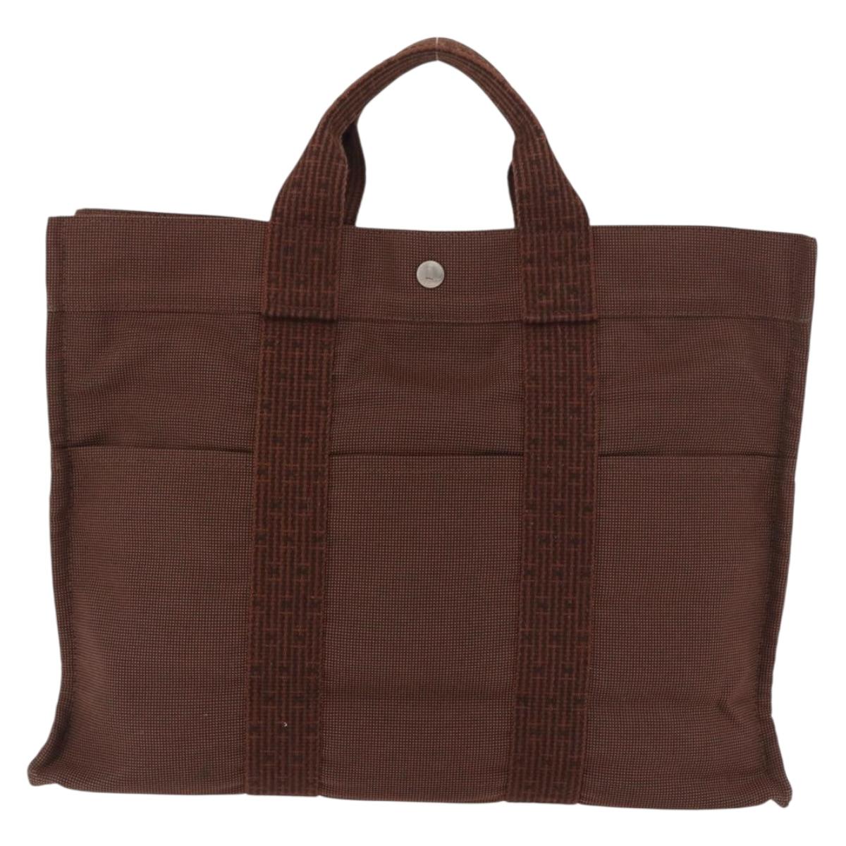 HERMES Her Line Tote MM Tote Bag Canvas Brown Silver Auth 184135