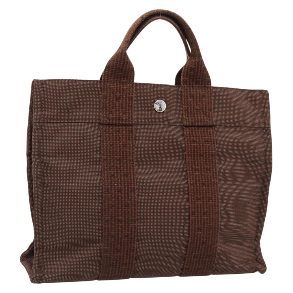 HERMES Her Line Tote PM Tote Bag Canvas Brown Silver Auth 184152