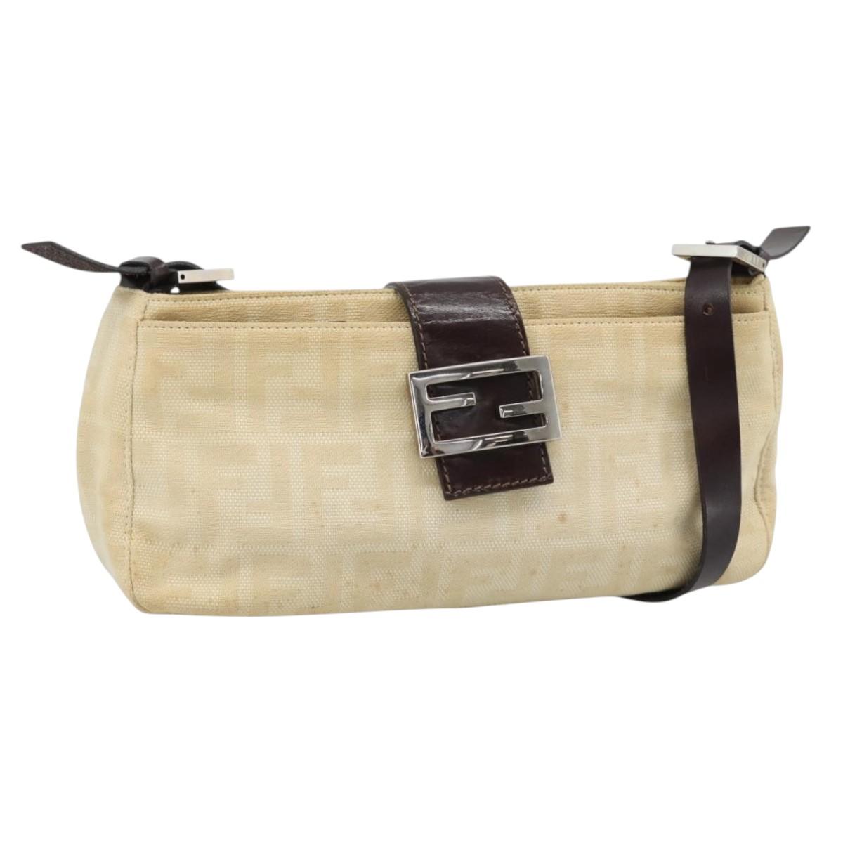 FENDI Zucca Canvas Mamma Baguette Shoulder Bag Beige Silver Auth 184155