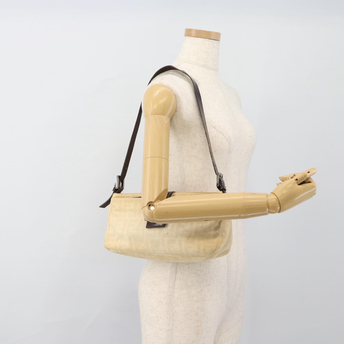 FENDI Zucca Canvas Mamma Baguette Shoulder Bag Beige Silver Auth 184155
