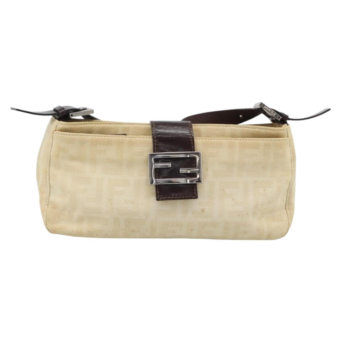 FENDI Zucca Canvas Mamma Baguette Shoulder Bag Beige Silver Auth 184155