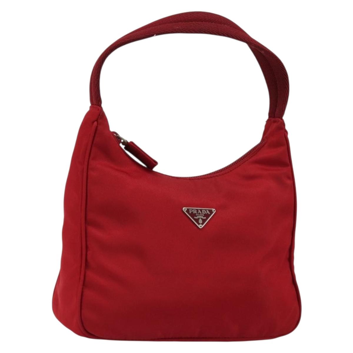 PRADA Hand Pouch Nylon Red Silver Auth 184157