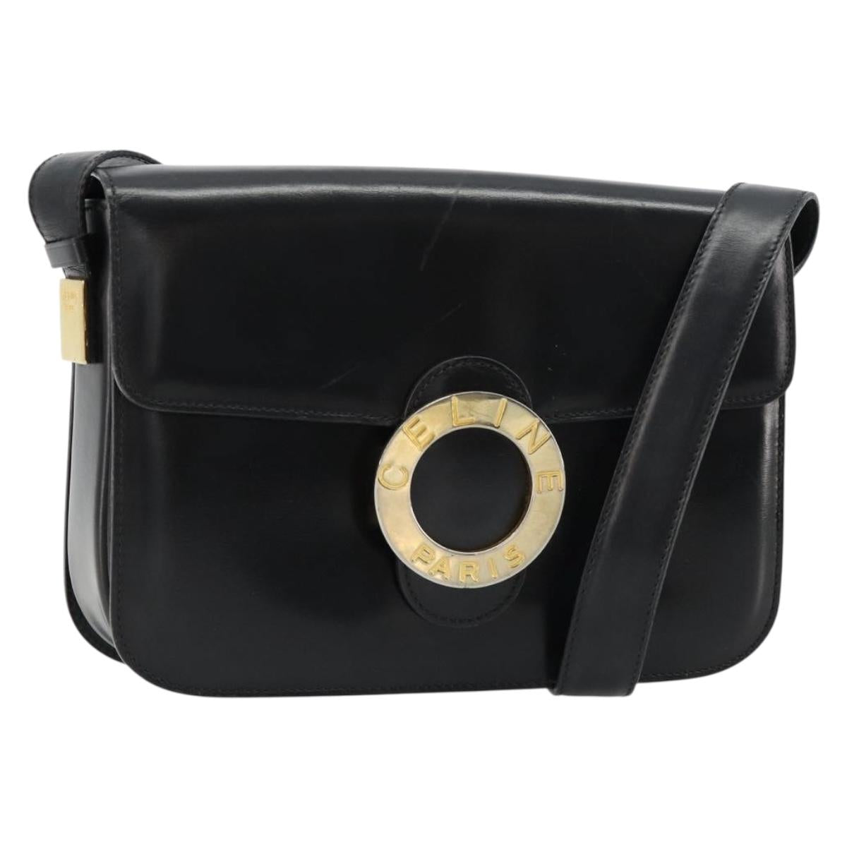 CELINE Circle Shoulder Bag Leather Black Gold Auth 184161A
