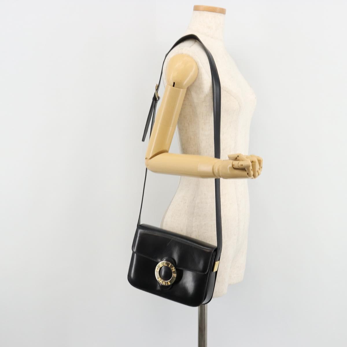 CELINE Circle Shoulder Bag Leather Black Gold Auth 184161A
