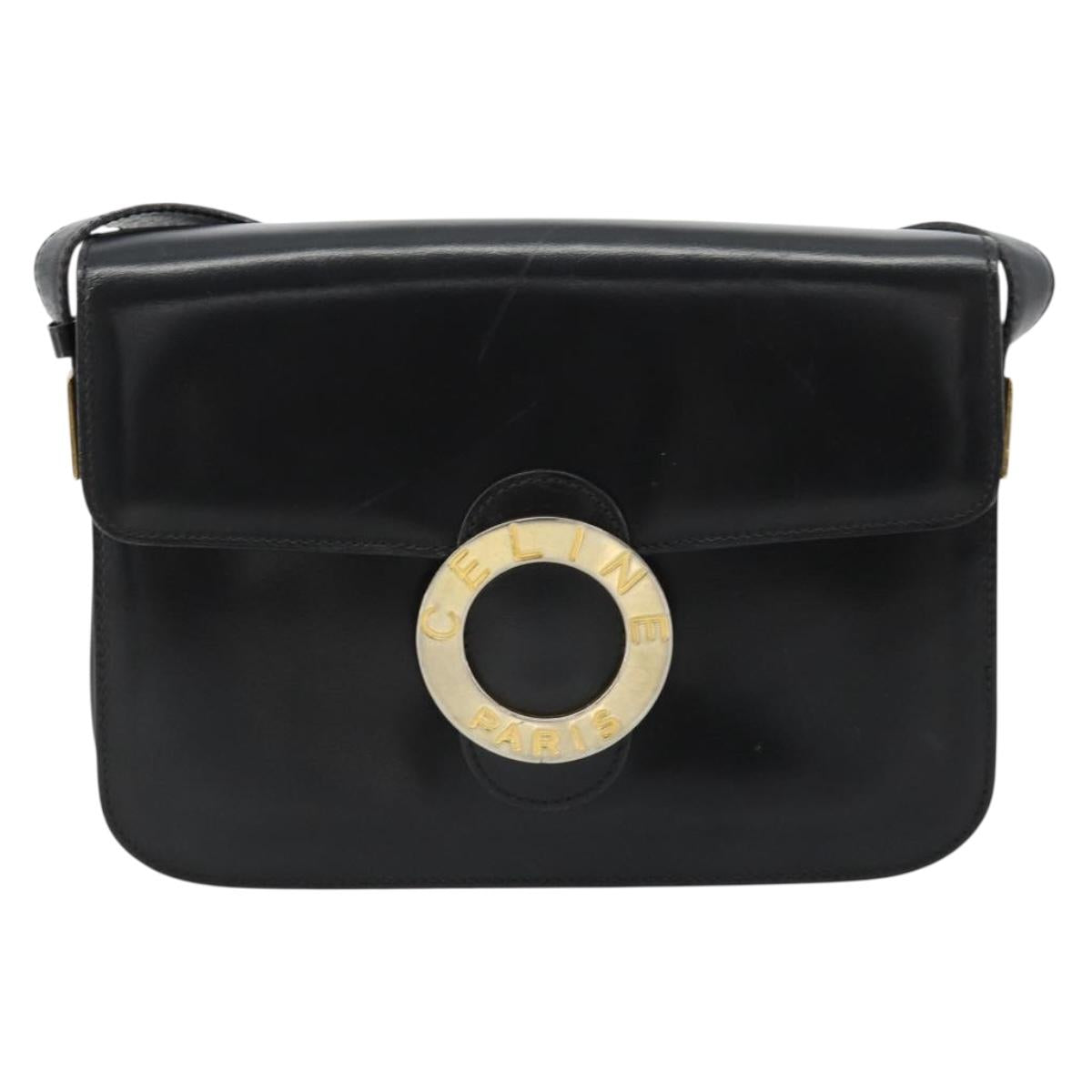 CELINE Circle Shoulder Bag Leather Black Gold Auth 184161A