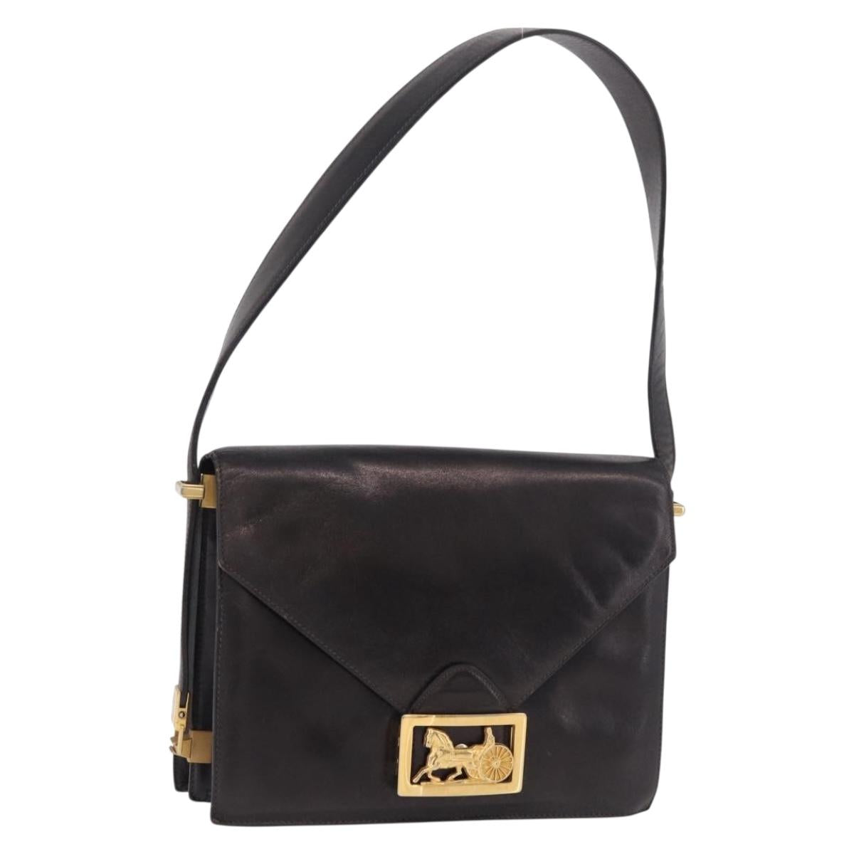 CELINE Horse Carriage Shoulder Bag Leather Black Gold Auth 184168