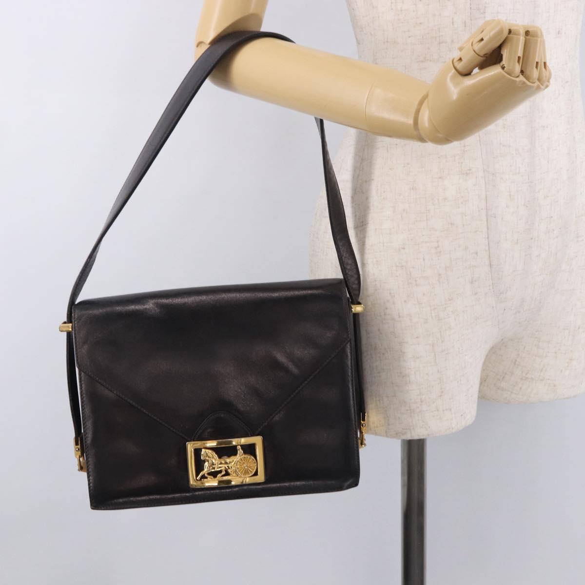 CELINE Horse Carriage Shoulder Bag Leather Black Gold Auth 184168