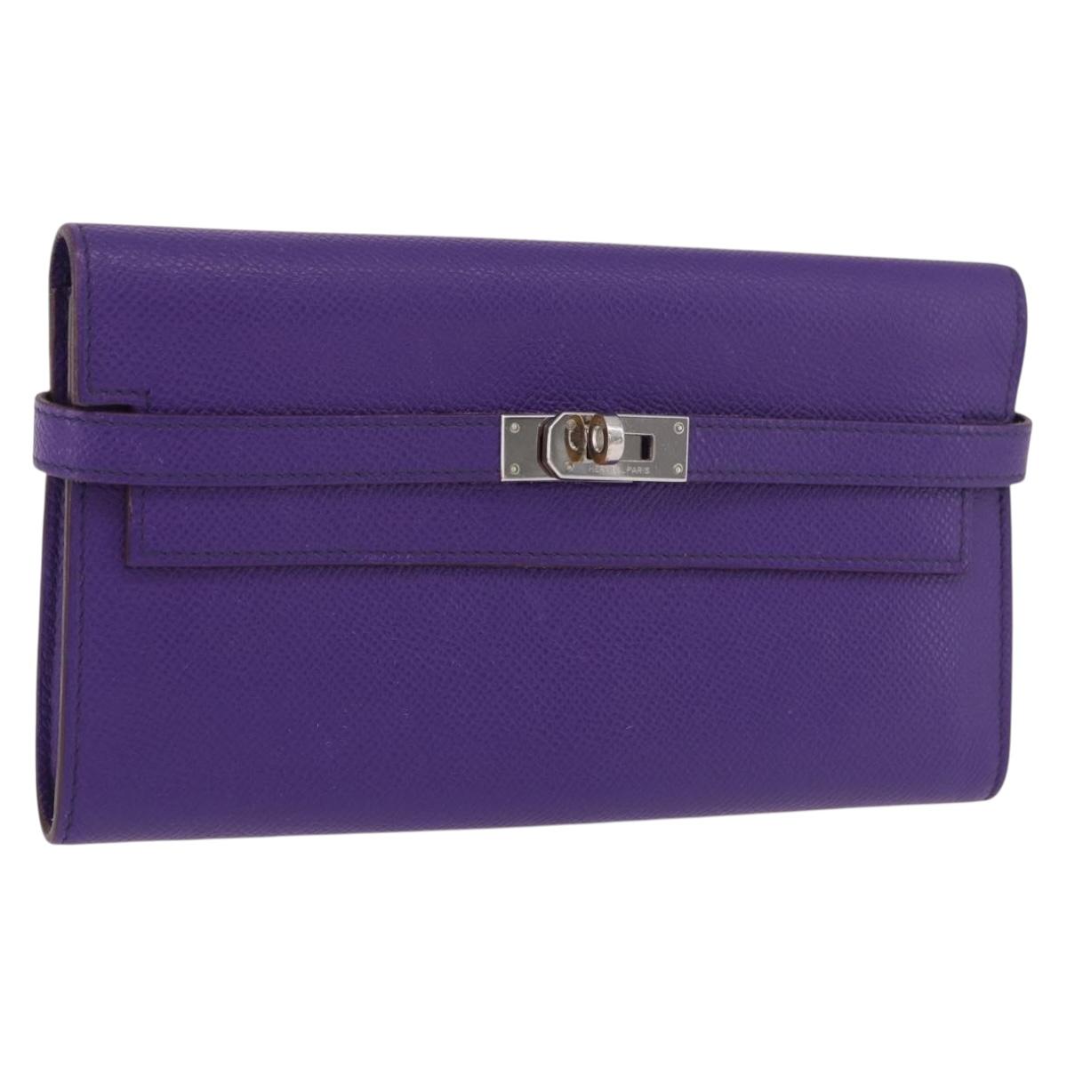 HERMES Kelly Long Wallet Epsom Purple Silver Auth 184179SM