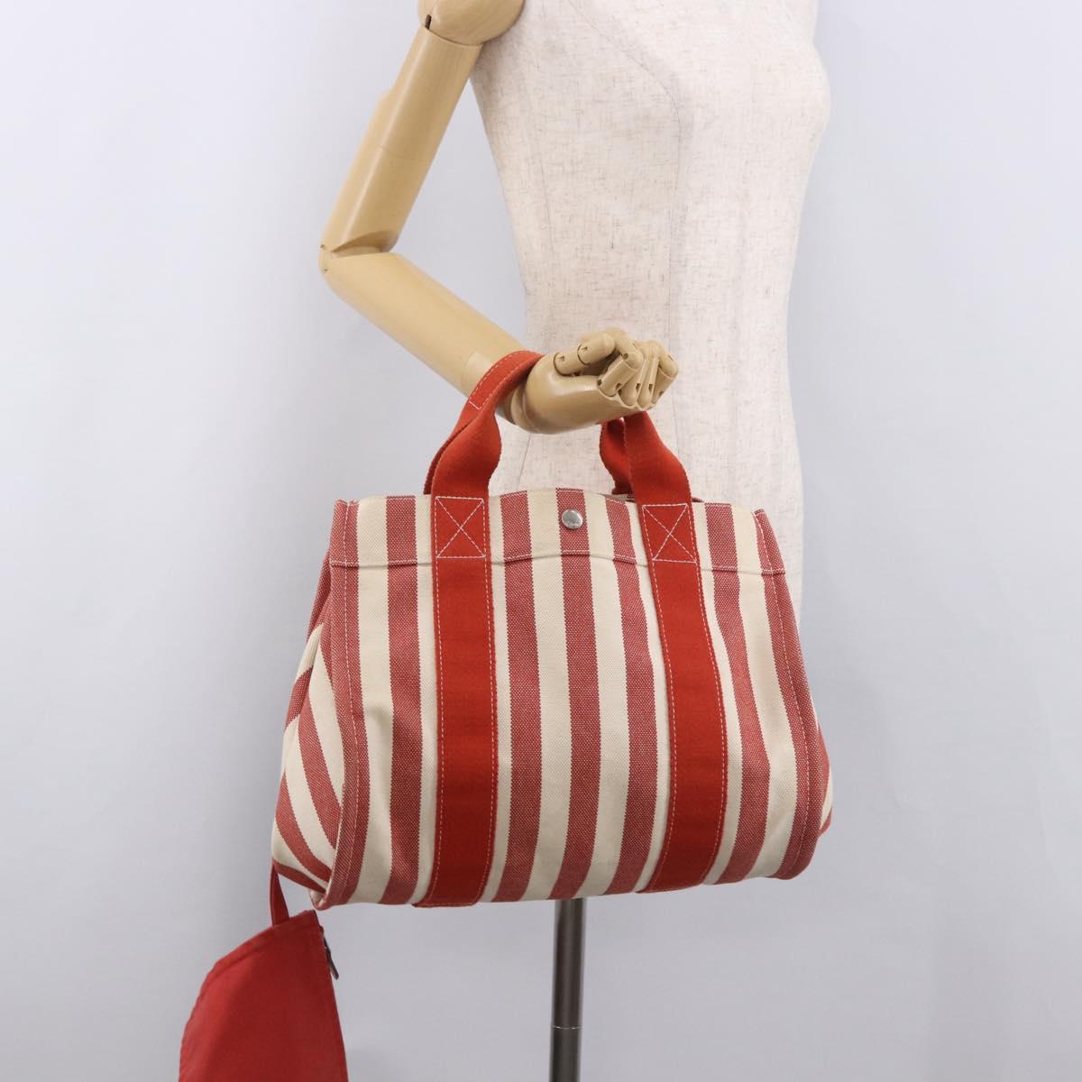 HERMES Cannes Hand Bag Canvas Red Silver Auth 184181A