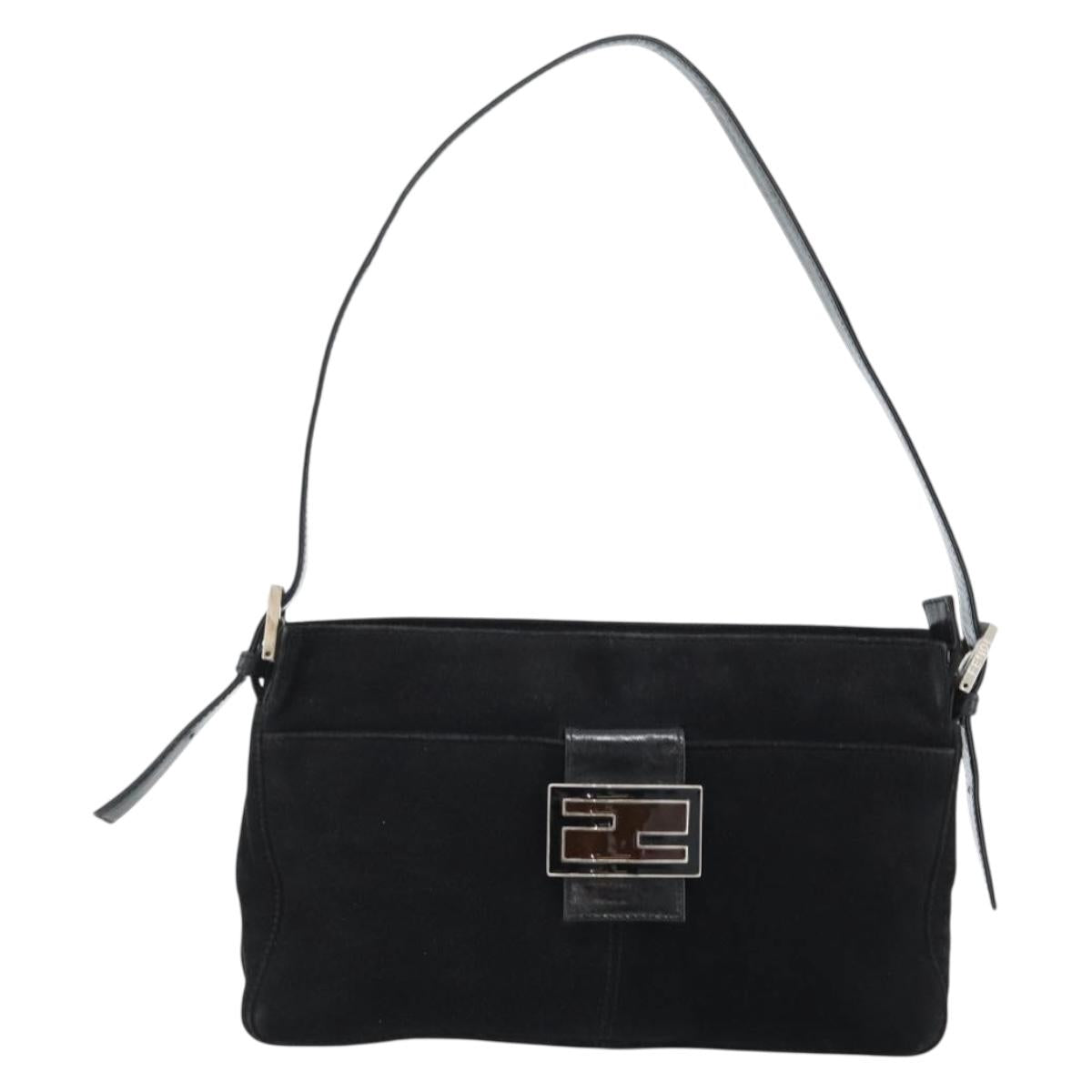 FENDI Mamma Baguette Shoulder Bag Suede Black Silver Auth 184192M