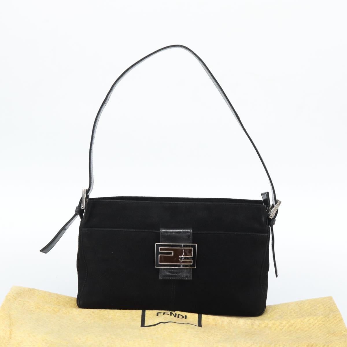 FENDI Mamma Baguette Shoulder Bag Suede Black Silver Auth 184192M
