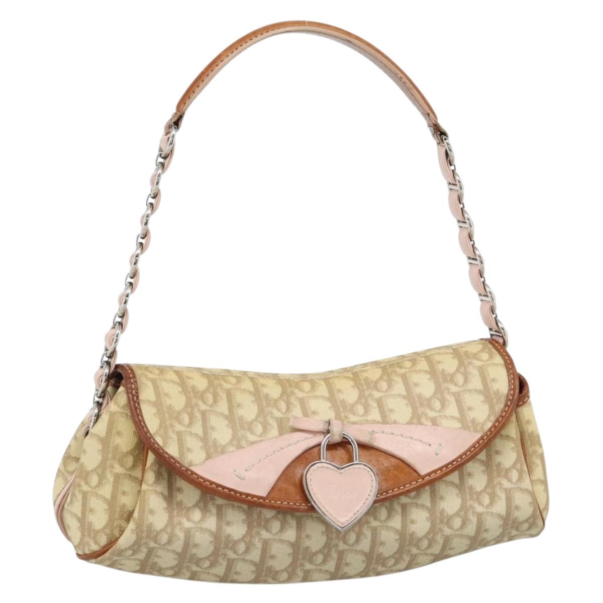 Christian Dior Trotter Canvas Romantic Chain Bag PVC Beige Silver Auth 184195A