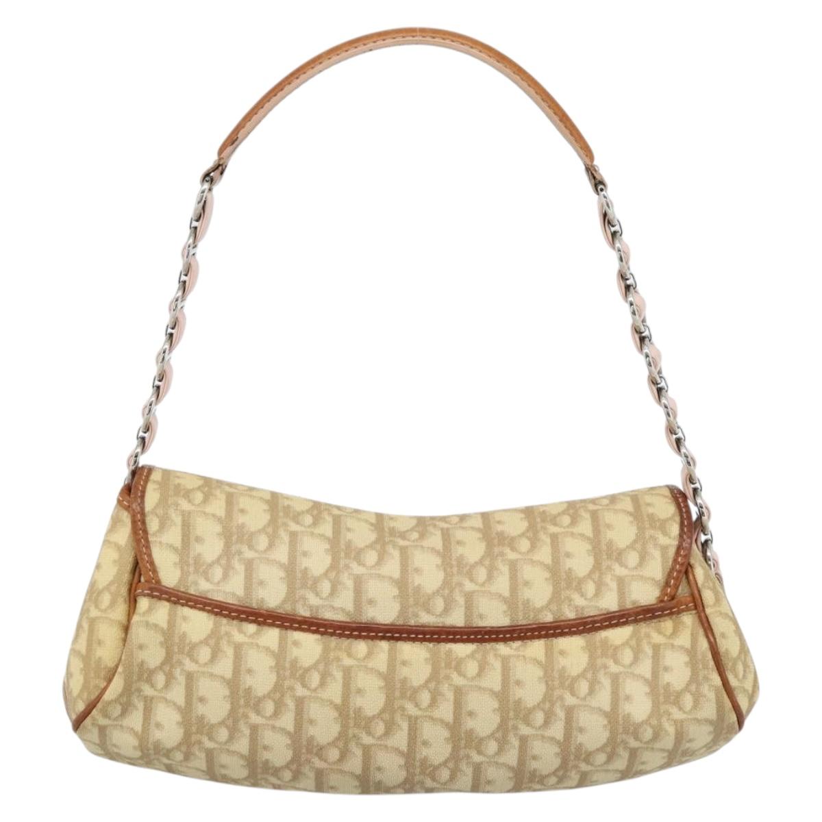Christian Dior Trotter Canvas Romantic Chain Bag PVC Beige Silver Auth 184195A