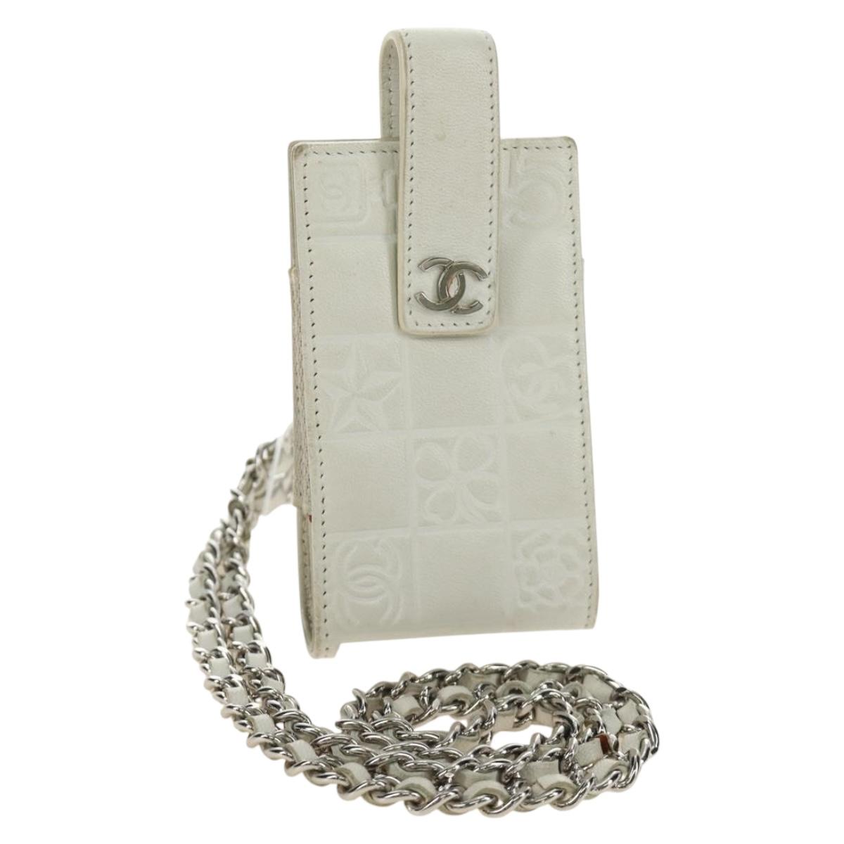 CHANEL icon Chain Shoulder Pouch Lamb Skin White Silver CC Auth 184233A
