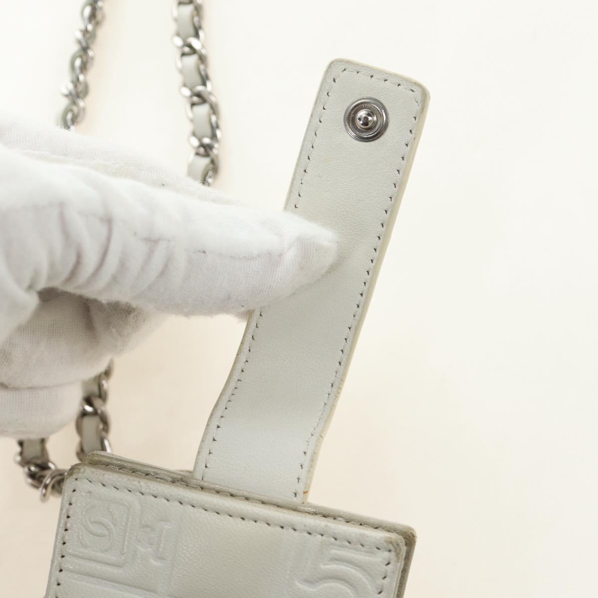 CHANEL icon Chain Shoulder Pouch Lamb Skin White Silver CC Auth 184233A