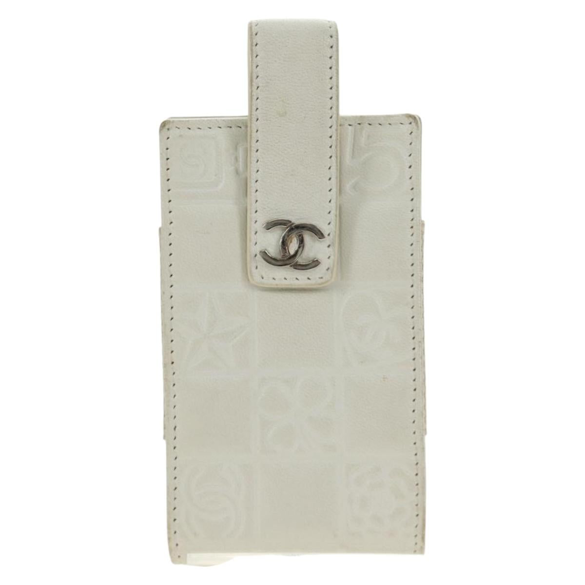 CHANEL icon Chain Shoulder Pouch Lamb Skin White Silver CC Auth 184233A