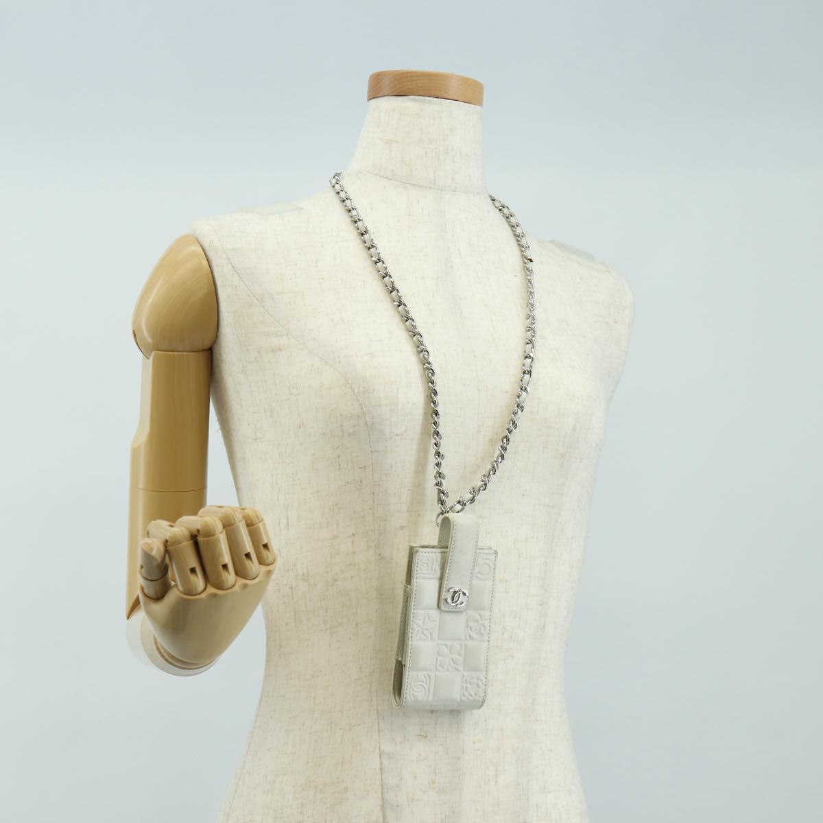 CHANEL icon Chain Shoulder Pouch Lamb Skin White Silver CC Auth 184233A