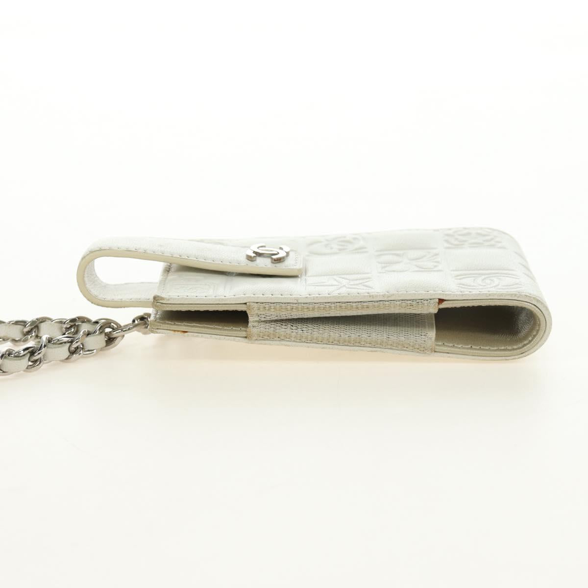 CHANEL icon Chain Shoulder Pouch Lamb Skin White Silver CC Auth 184233A