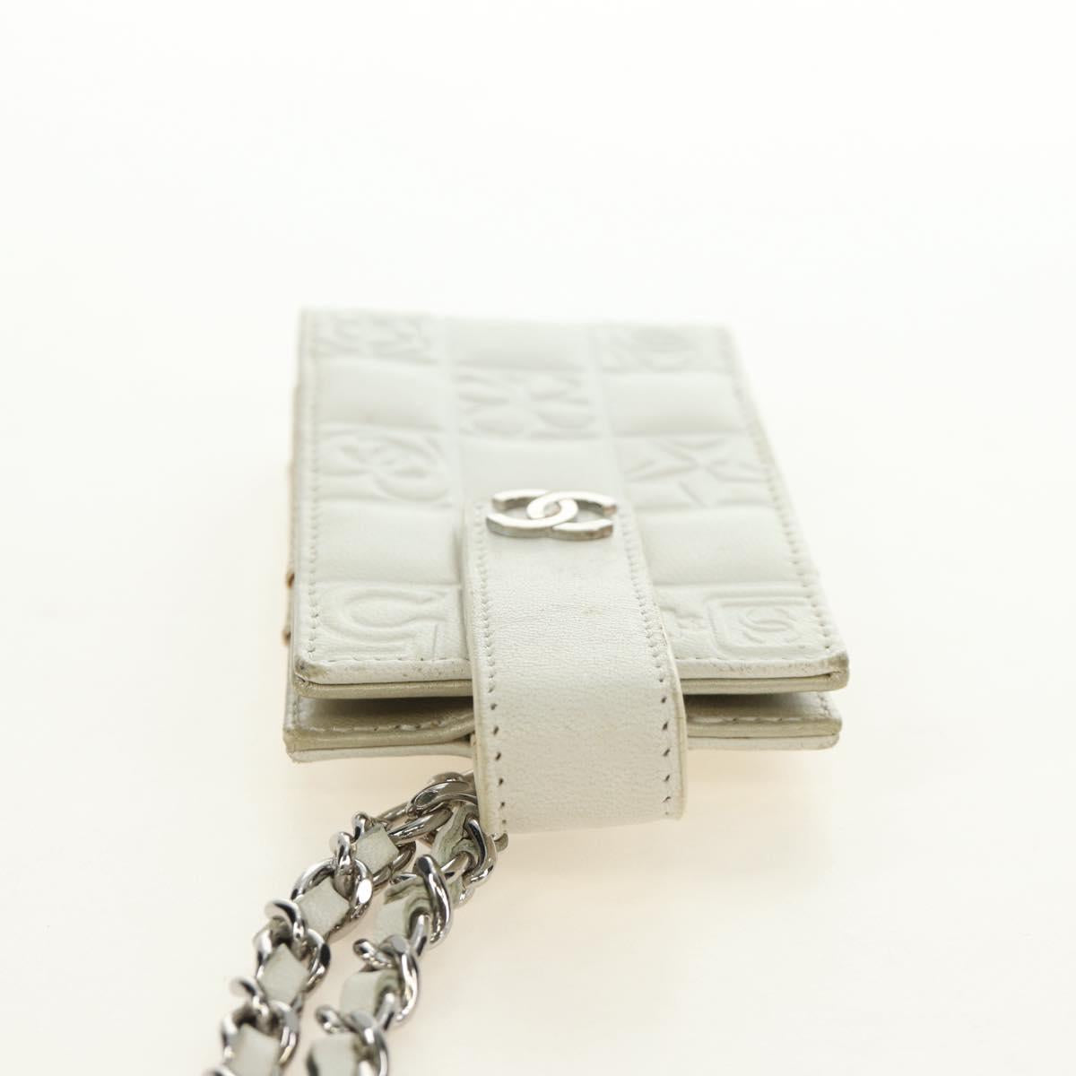 CHANEL icon Chain Shoulder Pouch Lamb Skin White Silver CC Auth 184233A