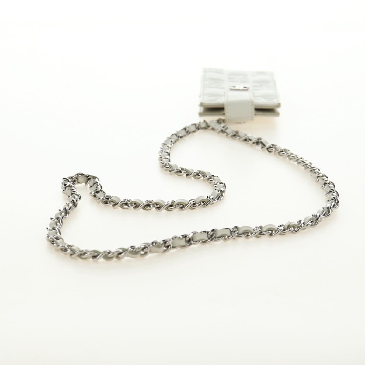 CHANEL icon Chain Shoulder Pouch Lamb Skin White Silver CC Auth 184233A
